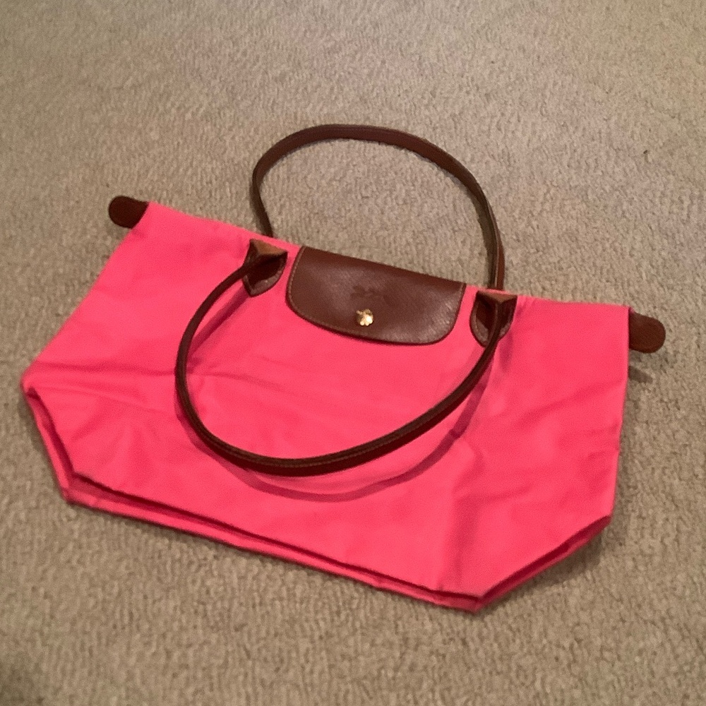Longchamp Pink Le Pliage Medium Tote with Brown Leather Handles - Picture 10 of 15